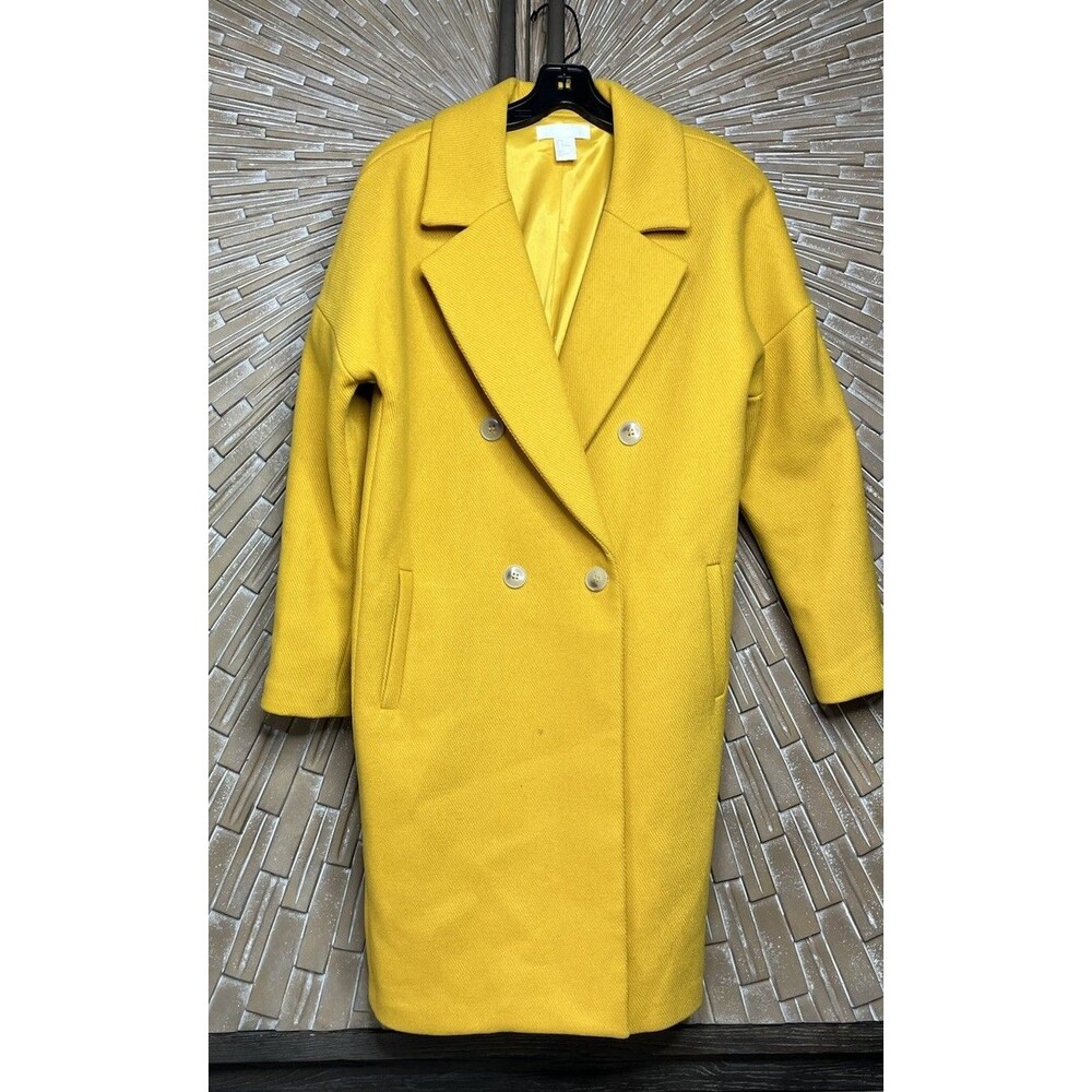 HM H&M Yellow Coat Jacket Sz S Us 4 Wool Blend Knee Length Cocoon Oversized
